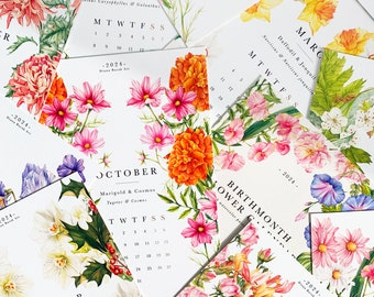 Mini calendrier de bureau mensuel de fleurs de naissance 2024 avec chevalet en bois 4 x 6 fleurs aquarelles, cadeau du Nouvel An, Noël, vacances, Noël, petit calendrier