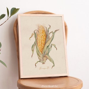 Mais-Kunstdruck, botanische Illustration, Gemüse-Poster, Küchen-Wandkunst, Wald-Kinderzimmer, Aquarell-Illustration, Herbst-Vintage-Druck