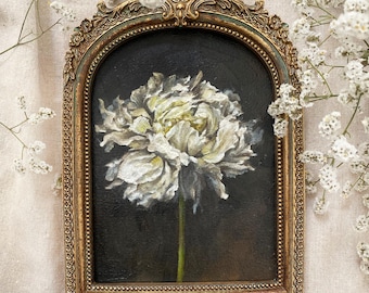 Original Oil Painting Peony Wall Art, Moody Floral Painting in Vintage Gold Frame, Small Antique Style Artwork, Cottagecore Decor