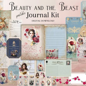 Kit de journal indésirable La Belle et la bête, téléchargement numérique, pages de journalisation et d'éphémères PNG imprimables 8,5 x 11 po.