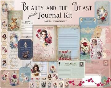 Beauty and the Beast Junk Journal Kit, digital download, printable 8.5" x 11" PNG journaling and ephemera pages