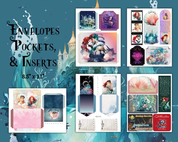 The Little Mermaid Journal Kit, digital download, printable 8.5" x 11" PNG journaling and ephemera pages