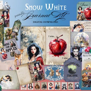 Sneeuwwitje-dagboekkit, digitale download, afdrukbare 8,5 x 11 inch png-pagina's voor journaals en tijdelijke pagina's