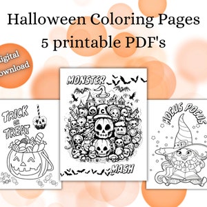 Halloween Coloring Pages for Kids, 5 Spooky Coloring Pages (Printable PDF, Digital Download), Black and White Coloring Pages