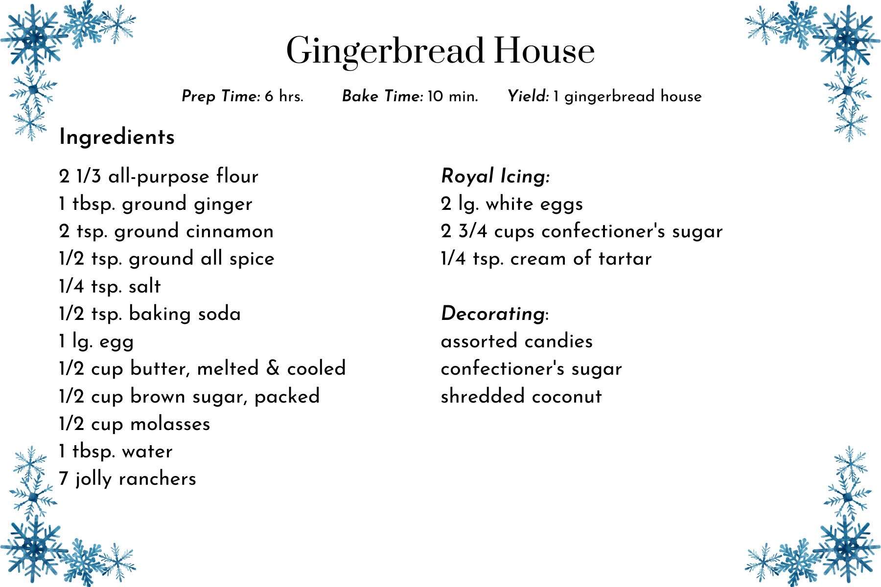 Editable Snowflake Recipe Card Template, Printable Recipe Card Template, 4x6 & 5x7 Templates Etsy