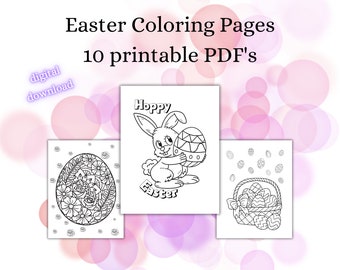 Easter Coloring Pages for Kids, 10 cute Coloring Pages (Printable PDF, Digital Download), Black and White Coloring Pages