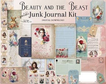 Beauty and the Beast Junk Journal Kit, digital download, printable 8.5" x 11" PNG journaling and ephemera pages