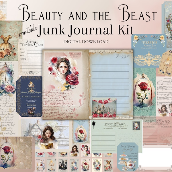 Beauty and the Beast Junk Journal Kit, digital download, printable 8.5" x 11" PNG journaling and ephemera pages