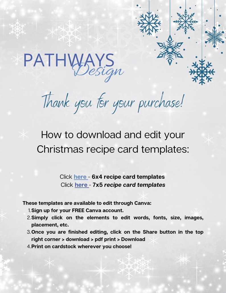 Editable Snowflake Recipe Card Template, Printable Recipe Card Template, 4x6 & 5x7 Templates Etsy