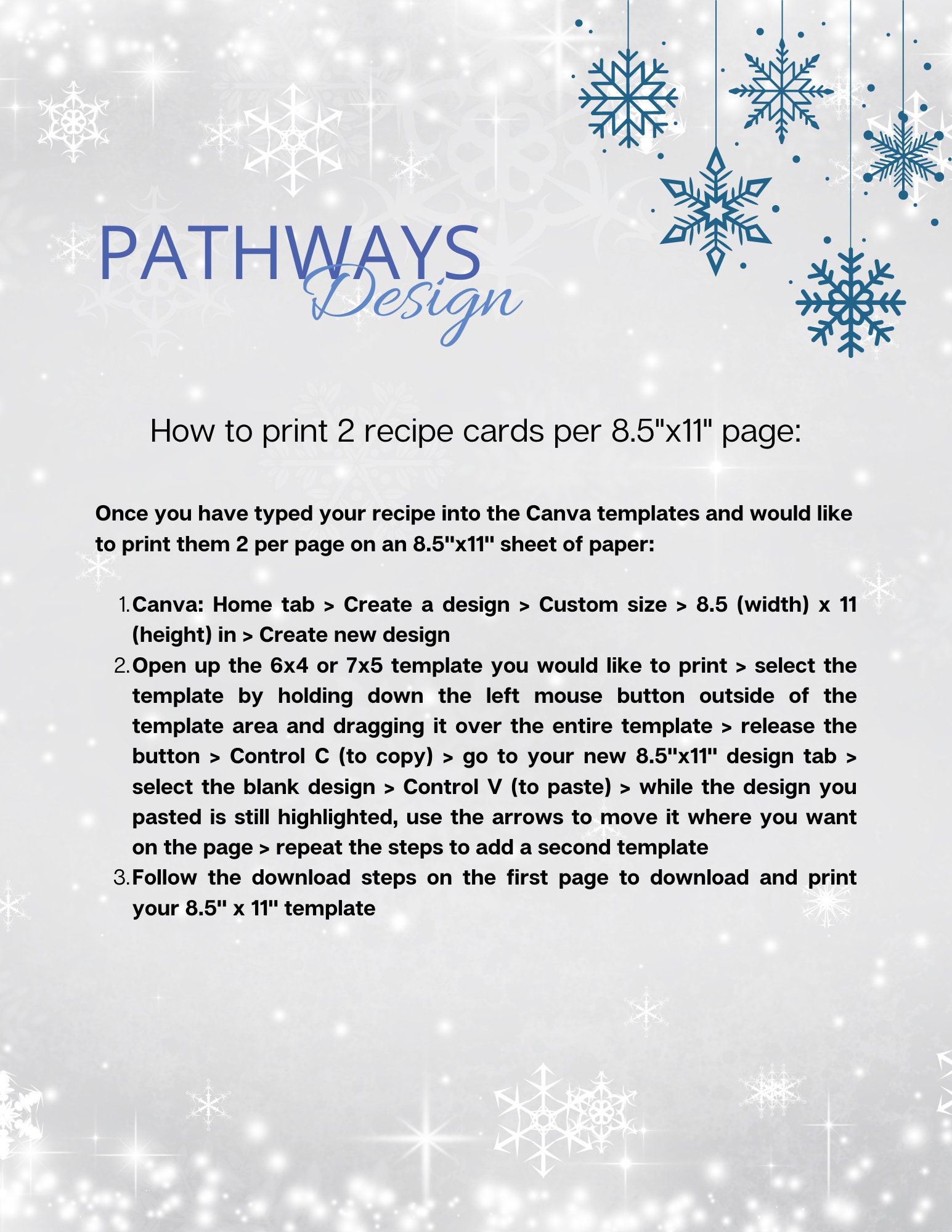 Editable Snowflake Recipe Card Template, Printable Recipe Card Template, 4x6 & 5x7 Templates Etsy