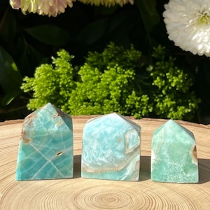 May include: Three polished, turquoise-colored crystal towers with natural brown edges are displayed on a wooden surface. The crystals have unique patterns and variations in color, ranging from light to deep turquoise. The background features green foliage and white and pink flowers.