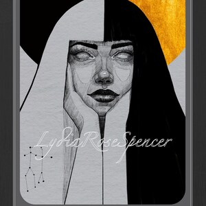 May include: A black and white illustration of a person with a half-black and half-white hairstyle. The background is gold and the image includes the text "Lydia Rose Spencer" and "GEMINI".