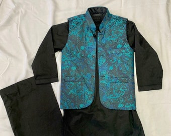 Boy’s Black Kurta Shalwar Kameez with Blue Vest Waistcoat South Asian Indian Kurta for Baby Boy Size 4-5 Year Old