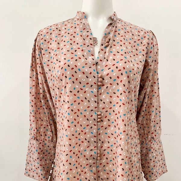 Customizable Geometric Print Blouse - Modest Long Sleeve Collared Top in Dark Peach - Size Large, Tailored to Fit