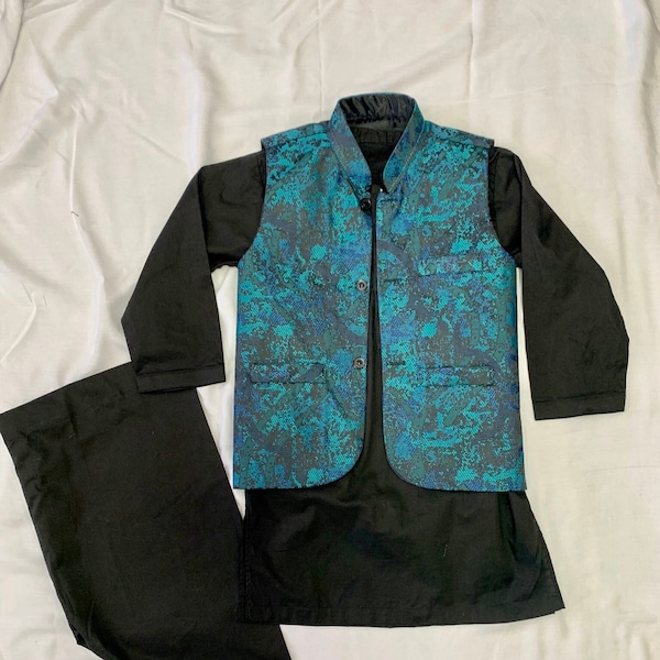 Boy’s Black Kurta Shalwar Kameez with Blue Vest Waistcoat South Asian Indian Kurta for Baby Boy Size 4-5 Year Old