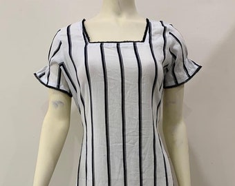 Black White Pinup Striped Preppy Vintage Retro Handmade Midi Dress Size Medium Modest Fashion | Expedited Shipping Available |