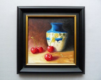 Still Life Painting | Still Life with Cherries and Jar | Fruit Oil Painting | Original Framed 21x21cm Oil on Canvas | Cherries Oil Painting.