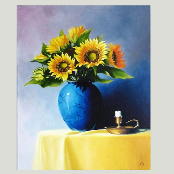 Sunflowers Oil Painting | Still Life Painting | Floral Still Life | Sunflowers in Blue Vase | Large 50x40cm Unframed Oil on Canvas Painting