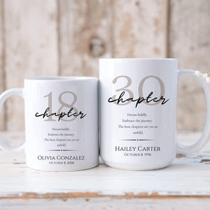 May include: Two white ceramic mugs featuring the text 'chapter' in black script, large beige numbers '18' and '30', and the inspirational quote 'Dream boldly. Embrace the journey. The best chapters are yet to unfold.' Personalised with names and dates.