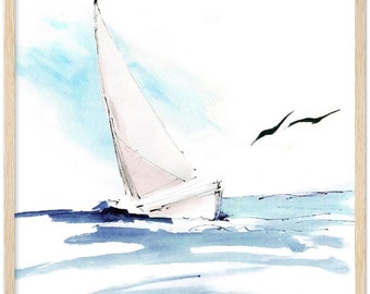 Watercolor sailboat print, Sailboat wall art,  Coastal art print