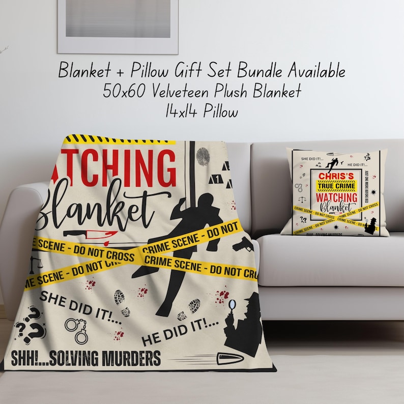 May include: A beige blanket and cushion set with a crime scene theme. The blanket has the words "WATCHING Blanket" in red and black, with crime scene tape and silhouettes. The cushion has the text "CHRIS'S TRUE CRIME WATCHING Blanket".