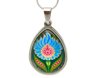 Blue Fuzzy Flower Teardrop Necklace, Boho Vintage Pendant, Unique Bohemian Necklace, Gift for her, Hippie Retro Chain, BohoLoveObsession
