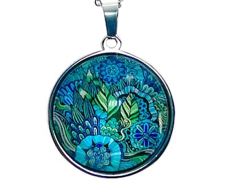 Antique Aqua Rainforest Necklace, Boho Hippie Bohemian Pendant, Floral Accessory