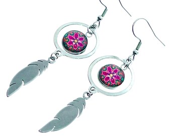 Polka Dot Daisy Feather Round Earrings, Boho Jewelry, Bohemian Accessory Pair, Hippie Earm Charms