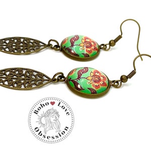 Poppy Flower Earrings| Drop Dangle Cabochon Earrings|Bronze Flower Earrings| Boho Leaf Dangle Earrings| BohoLoveObsession
