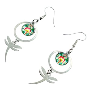 Bursting Blooms Dragonfly Earrings, Boho Hippie Jewelry, Bohemian Accessory, Rainbow Multicolor Floral Ear Wire Charm, Statement Pair