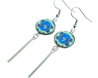 Teal Holly Long Bar Earrings, Blue Boho Mandala Ear Charms, Bohemian Hippie Statement Pair, Stainless Steel Accessory