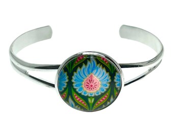 Blue Fuzzy Flower Cuff Bracelet, Boho Adjustable Wristlet, Bohemian Hippie Jewelry, Unique 1960s 1970s Accessory
