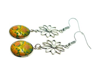 Pretty Paisley Daisy Flower Earrings, Unique Dangle Drop Accessory, Boho Flower Jewelry, Vintage Bohemian Gift, BohoLoveObsession