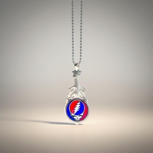 Grateful Dead-Inspired Guitar Necklace, Steal Your Face Pendant, Music Jerry Garcia Jewelry, Deadhead Bears Accessory, Psychedelic Rock