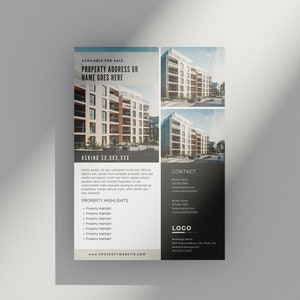 May include: A real estate flyer featuring a photograph of a modern apartment building. The flyer includes the property address, asking price, property highlights, and contact details. The flyer also includes a logo for the real estate company.