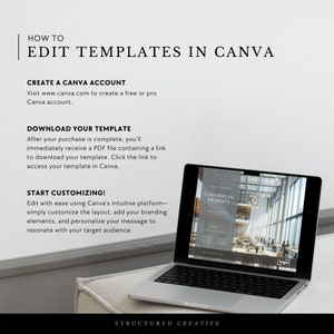 May include: A laptop computer displaying a template for a commercial property flyer. The template is on Canva and features a photo of a modern office space with the text "COMMERCIAL PROPERTY". The text "HOW TO EDIT TEMPLATES IN CANVA" is displayed above the laptop.