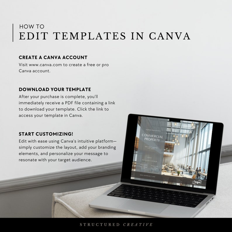 May include: A laptop computer displaying a template for a commercial property flyer. The template is on Canva and features a photo of a modern office space with the text "COMMERCIAL PROPERTY". The text "HOW TO EDIT TEMPLATES IN CANVA" is displayed above the laptop.