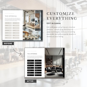May include: Before and after images showing how to customize a real estate listing brochure using Canva. The before image shows a black and white brochure with a table of information. The after image shows a brochure with a modern office interior design and a table of information. The text on the brochure reads "The Offering" and "Customize Everything".