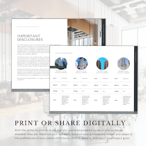 May include: A document with the title "Important Disclosures" and a section titled "Lease Comparables". The document includes a table with information about four different properties, including property name, building address, square footage, parking, and notes. The document also includes a photo of a modern office space.
