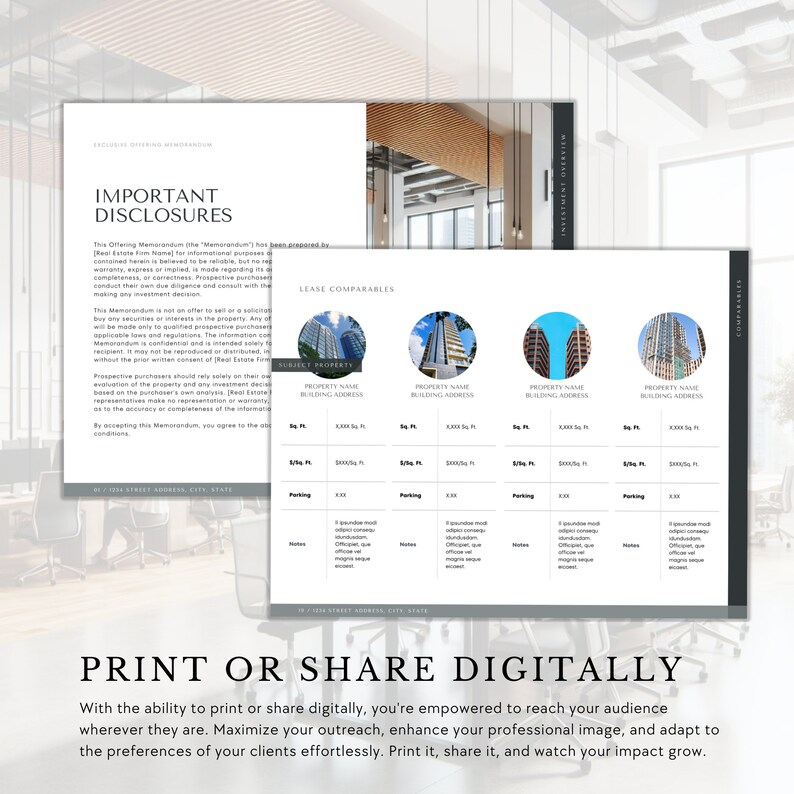 May include: A document with the title "Important Disclosures" and a section titled "Lease Comparables". The document includes a table with information about four different properties, including property name, building address, square footage, parking, and notes. The document also includes a photo of a modern office space.