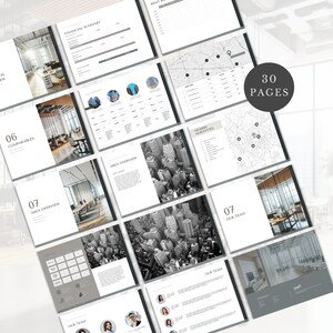 May include: A 30-page real estate presentation template with a modern design. The template includes sections for financial summary, area overview, comparables, nearby amenities, and our team. The template features a black and white aerial city photo and a map with markers.