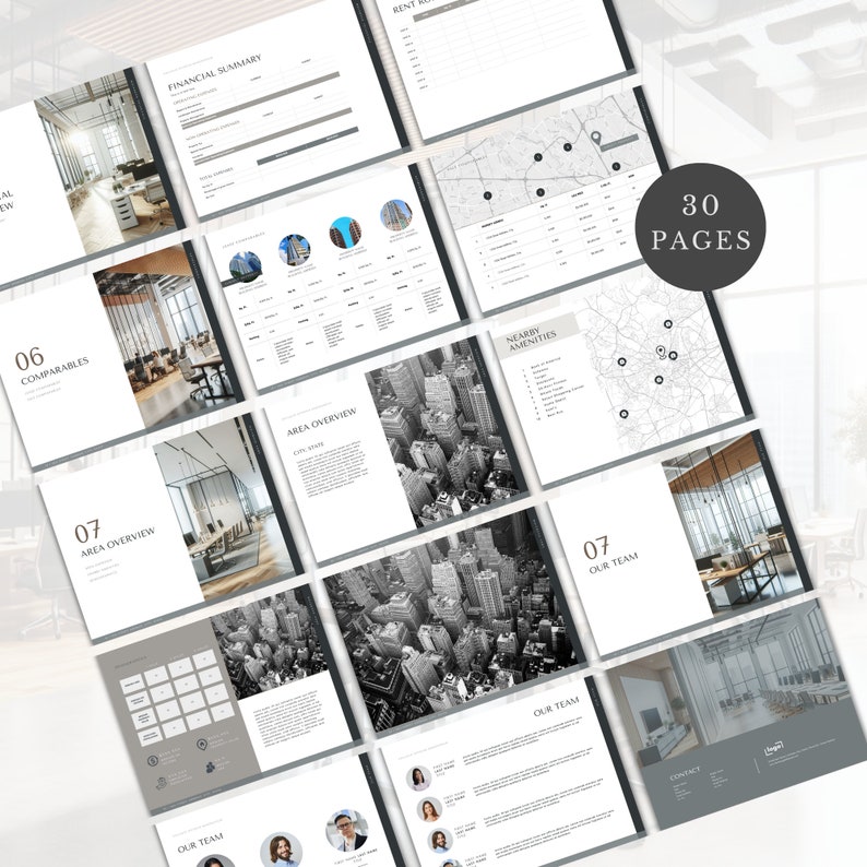 May include: A 30-page real estate presentation template with a modern design. The template includes sections for financial summary, area overview, comparables, nearby amenities, and our team. The template features a black and white aerial city photo and a map with markers.