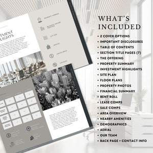 May include: A gray and white real estate investment highlights brochure with a city skyline image. The brochure includes a table of contents with a list of items included in the brochure, such as cover options, important disclosures, table of contents, section title pages, the offering, property summary, investment highlights, site plan, floor plans, property photos, financial summary, rent roll, lease comps, sale comps, area overview, nearby amenities, demographics, aerial, our team, and back page plus contact info.