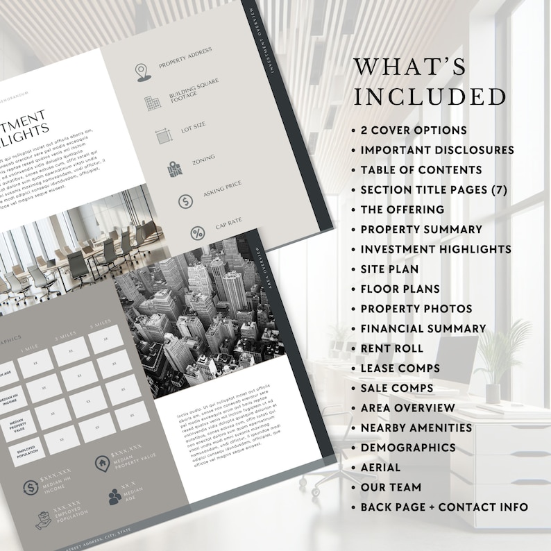 May include: A gray and white real estate investment highlights brochure with a city skyline image. The brochure includes a table of contents with a list of items included in the brochure, such as cover options, important disclosures, table of contents, section title pages, the offering, property summary, investment highlights, site plan, floor plans, property photos, financial summary, rent roll, lease comps, sale comps, area overview, nearby amenities, demographics, aerial, our team, and back page plus contact info.