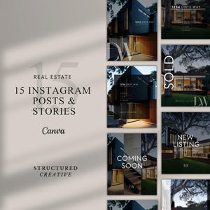 以下が含まれることがあります： 不動産業者向けのInstagram投稿とストーリーテンプレート15個セット。テンプレートは、黒と白のアクセントと家の画像を組み合わせたモダンなデザインを採用しています。いくつかのテンプレートには「1234 ONYX WAY」というテキストが記載されています。