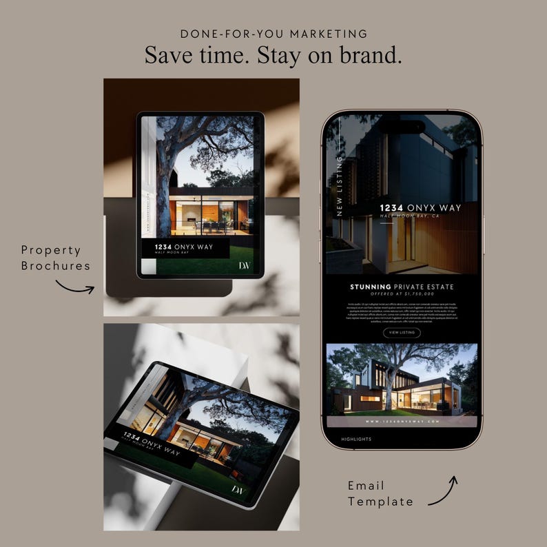 May include: A digital marketing template for real estate agents. The template features a modern design with a photo of a house and the text "1234 ONYX WAY". The template is designed to be used for email marketing, social media, and property brochures.