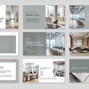 Può includere: Un set di diapositive di presentazione con un tema di design di interni per uffici moderni. Le diapositive mostrano immagini di uno spazio ufficio moderno con grandi finestre, mobili eleganti e arredi contemporanei. Il testo sulle diapositive include il titolo "Titolo della presentazione" e la frase "Questo è un titolo".