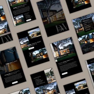 May include: A black and white image of a modern house with a black roof and large windows. The house is surrounded by trees and has a driveway leading up to it. The text "1234 ONYX WAY" is displayed on the front of the house.