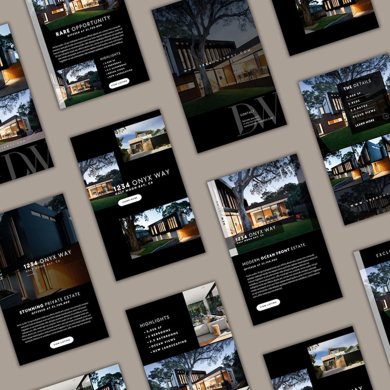 May include: A black and white image of a modern house with a black roof and large windows. The house is surrounded by trees and has a driveway leading up to it. The text "1234 ONYX WAY" is displayed on the front of the house.