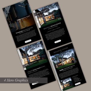 May include: Four black and white real estate listings with photos of modern homes and text that reads "New Listing", "Stunning Private Estate", "Beautiful Private Estate", "Exclusive Listing", "Rare Opportunity", "Modern Ocean Front Estate", "Offered at $1,750,000", "1234 Onyx Way", "Highlights", "View Listing".